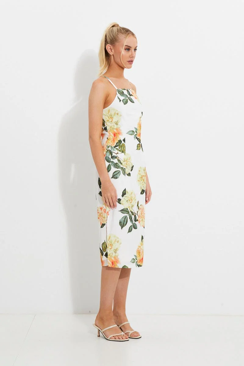 Print Designer Yellow Rose Racer Neck Slip Midi Dress - Image 4