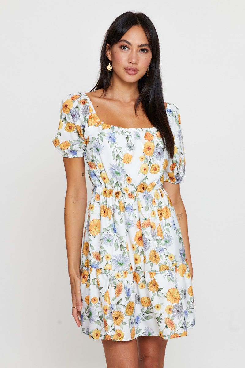 Print Fit And Flare Dress Short Sleeve Square Neck - Image 3