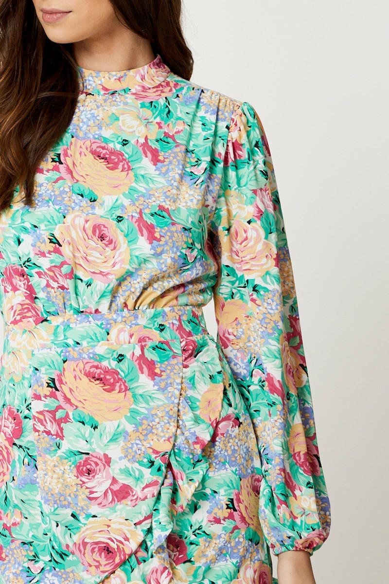 Print High Neck Wrap Skirt Dress - Image 5