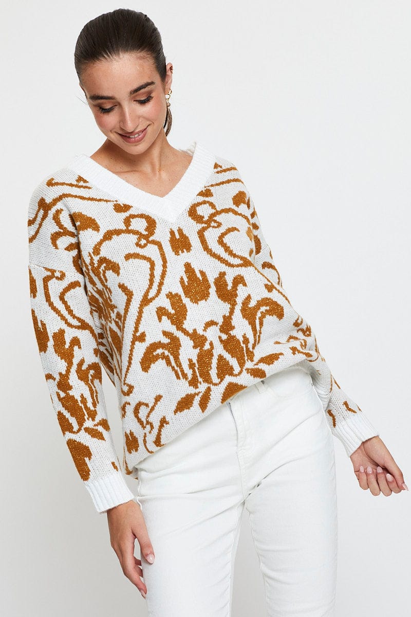 Print Knit Top Long Sleeve V-Neck - Image 3