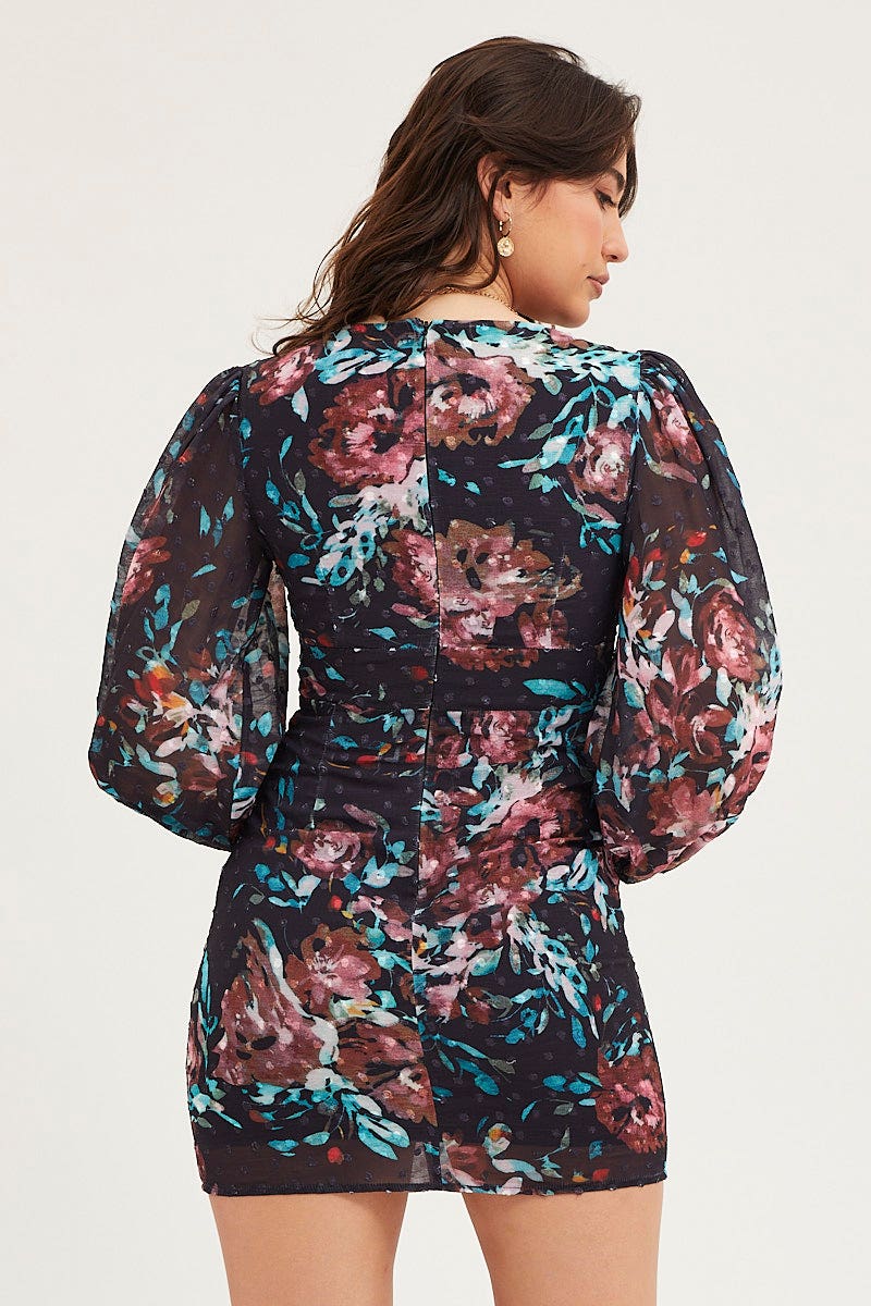 Print Mini Dress Long Sleeve Evening - Image 5