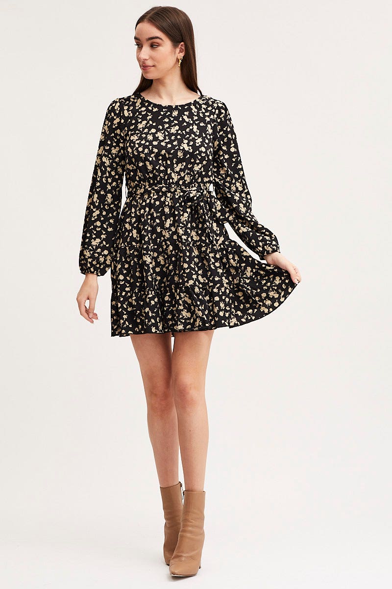 Print Mini Dress Long Sleeve Round Neck - Image 2