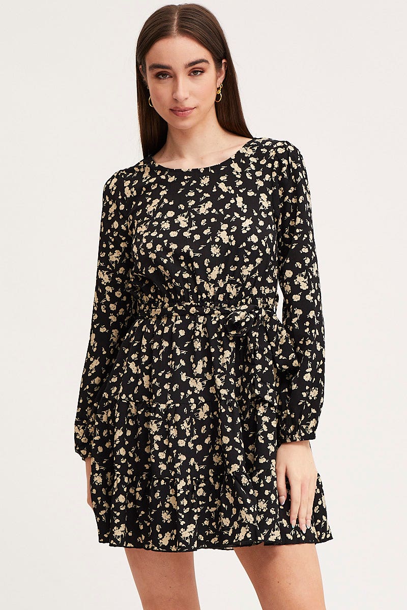 Print Mini Dress Long Sleeve Round Neck - Image 3