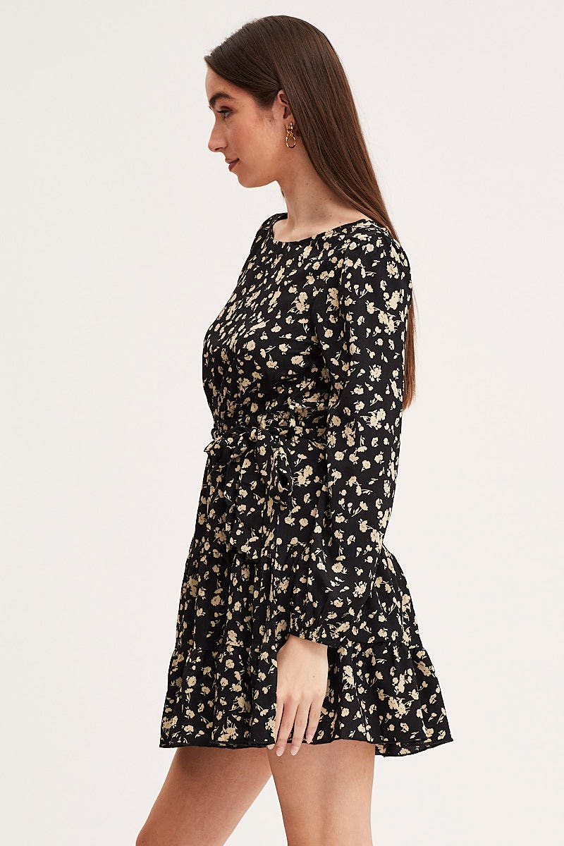 Print Mini Dress Long Sleeve Round Neck - Image 4