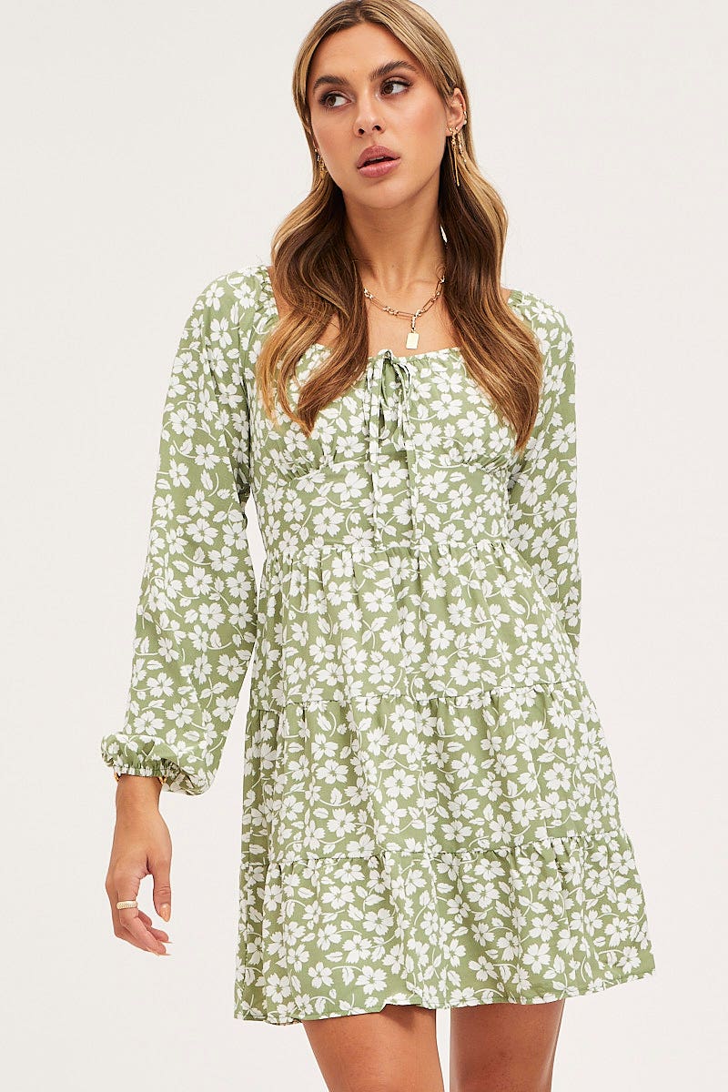 Print Mini Dress Long Sleeve Square Neck - Image 3
