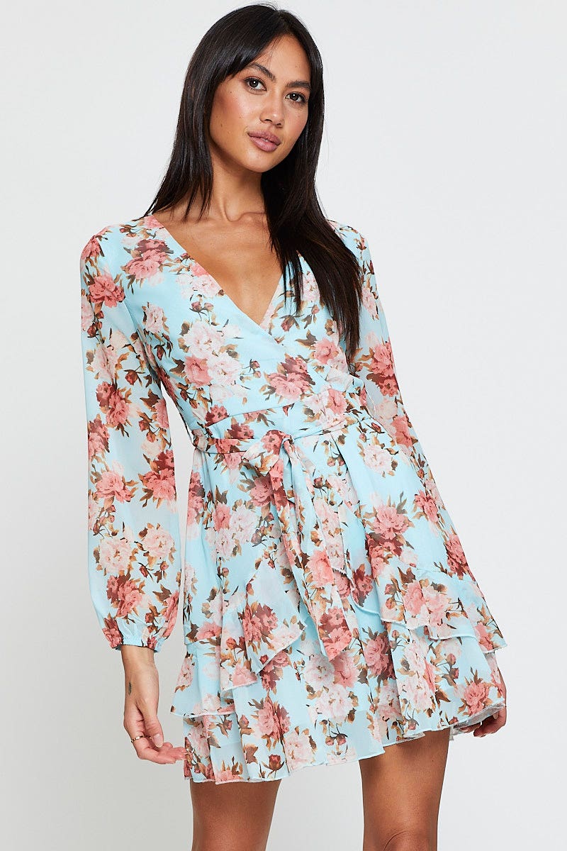 Print Mini Dress Long Sleeve V Neck - Image 3