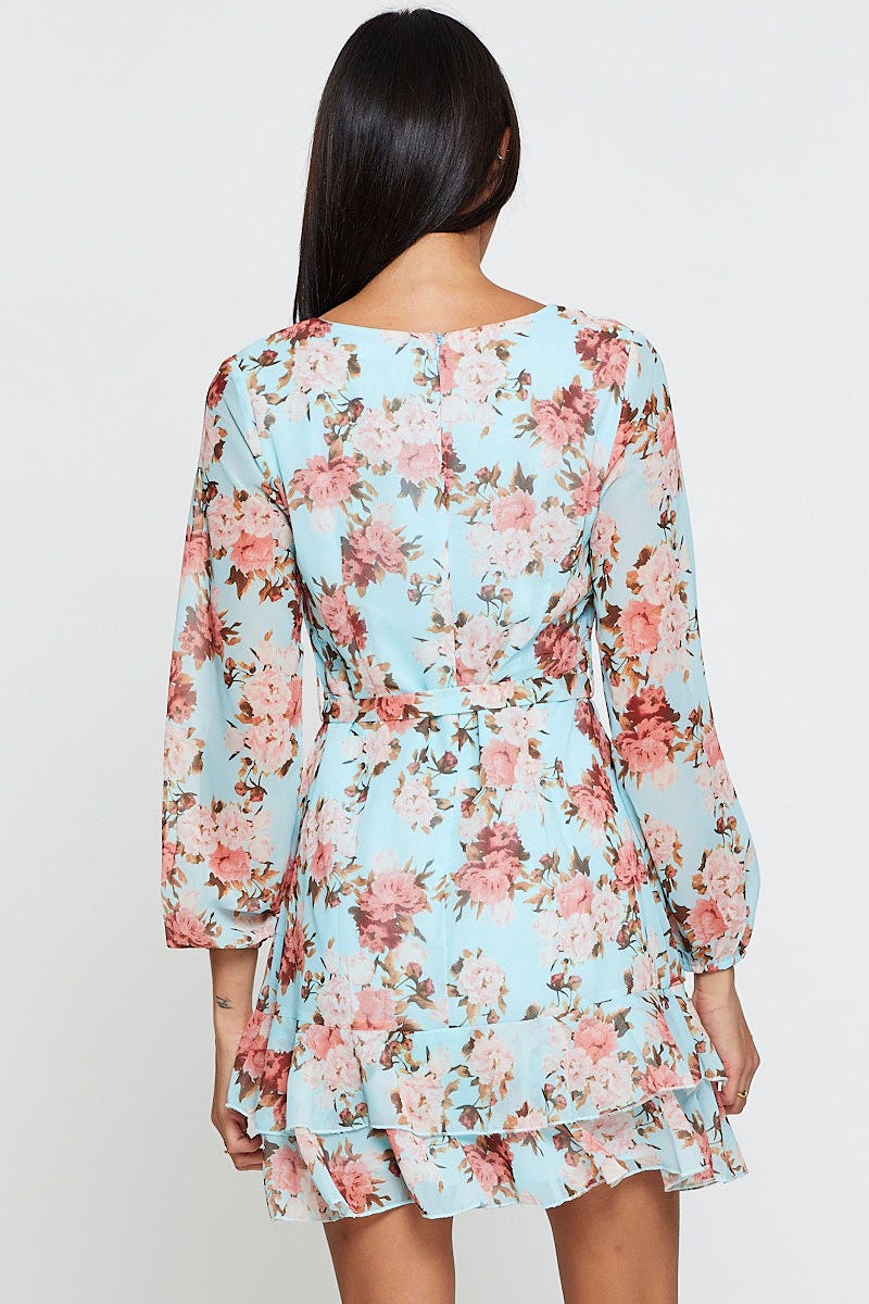 Print Mini Dress Long Sleeve V Neck - Image 4