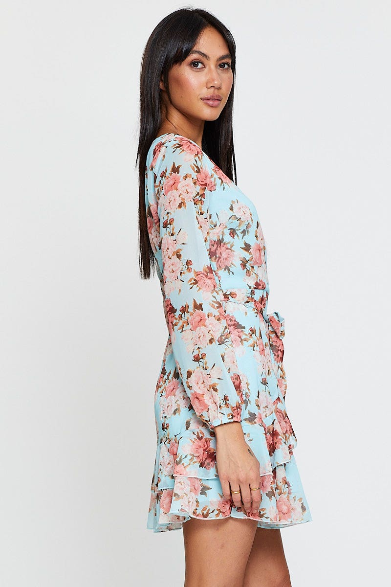 Print Mini Dress Long Sleeve V Neck - Image 5