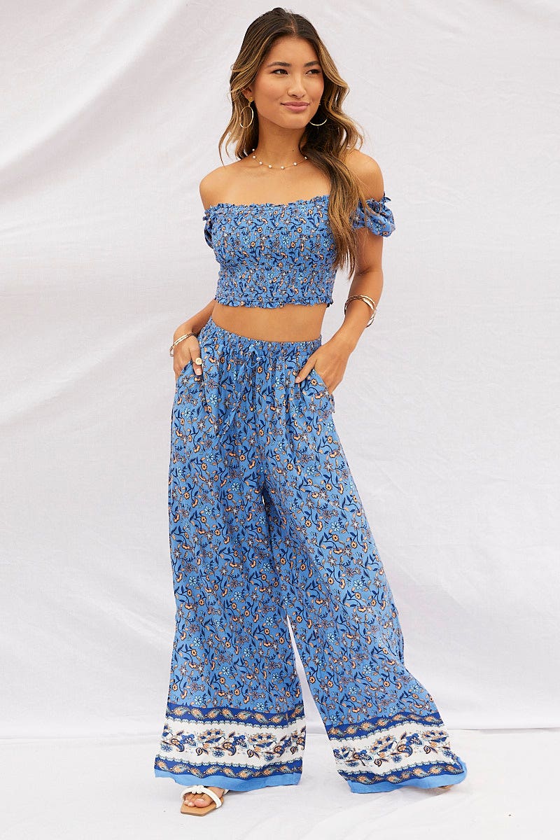 Print Pants High Rise Elastic Waist Wide Leg - Image 3