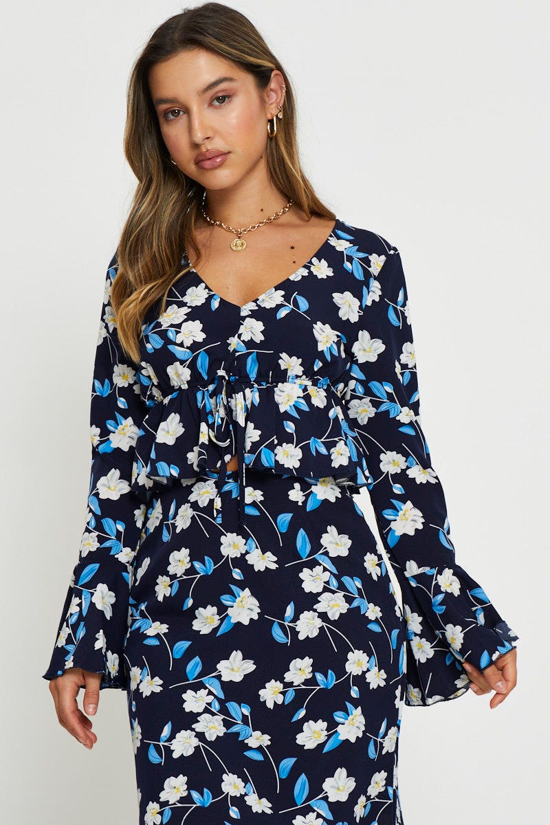 Print Peplum Top Long Sleeve Off Shoulder - Image 3