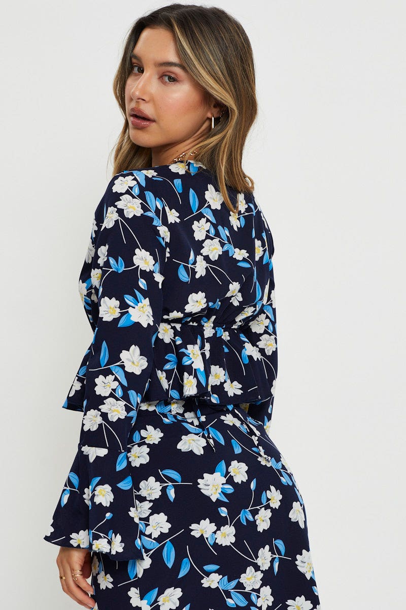 Print Peplum Top Long Sleeve Off Shoulder - Image 5