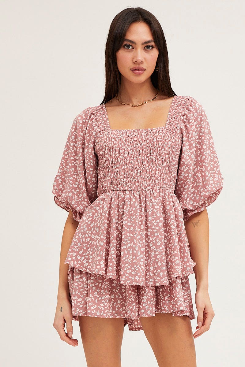 Print Playsuit Short Sleeve Square Neck