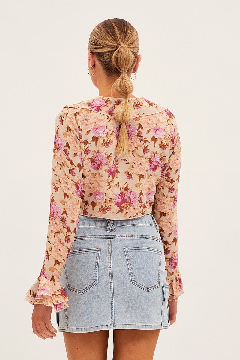 Print Print Chiffon Top Long Sleeve V Neck Frill - Image 5