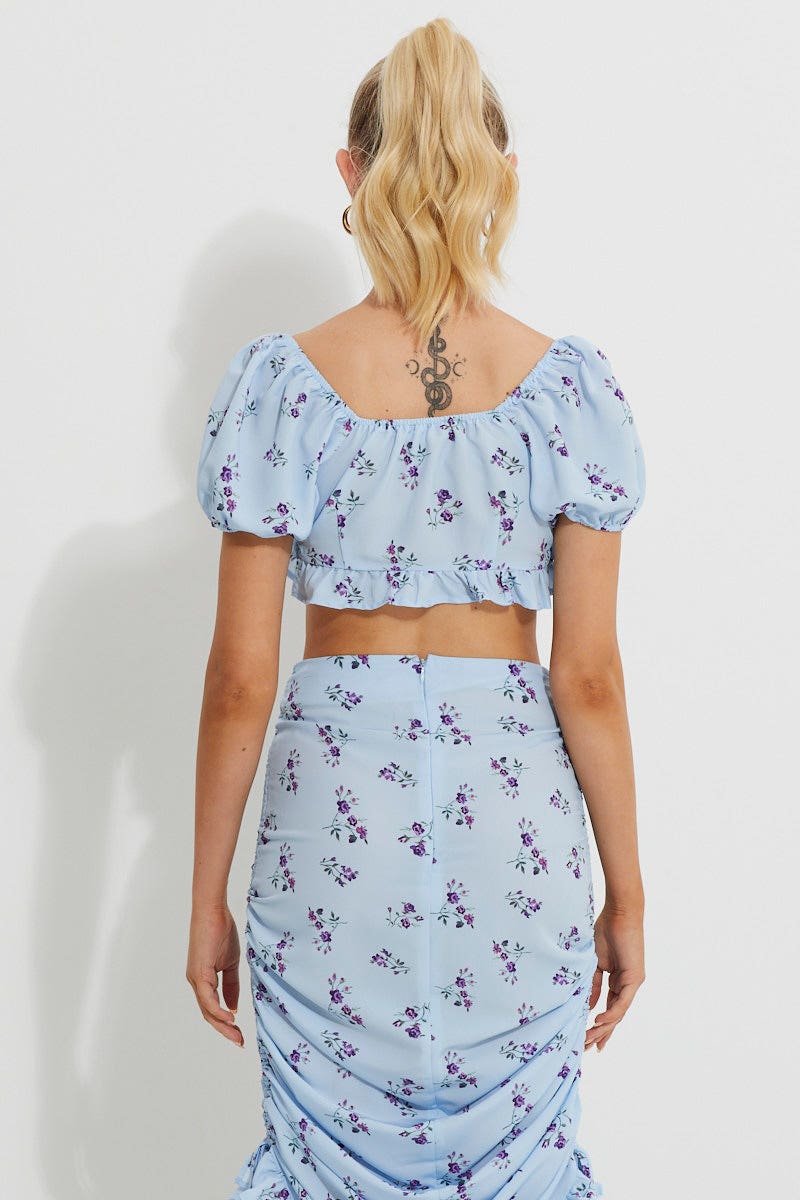 Print Print Puff Shoulder Ruched Bust Crop Top - Image 2