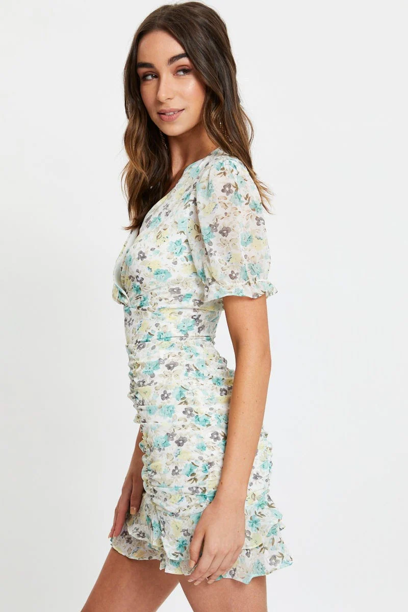 Print Puff Sleeve Ruched Dress - Image 4