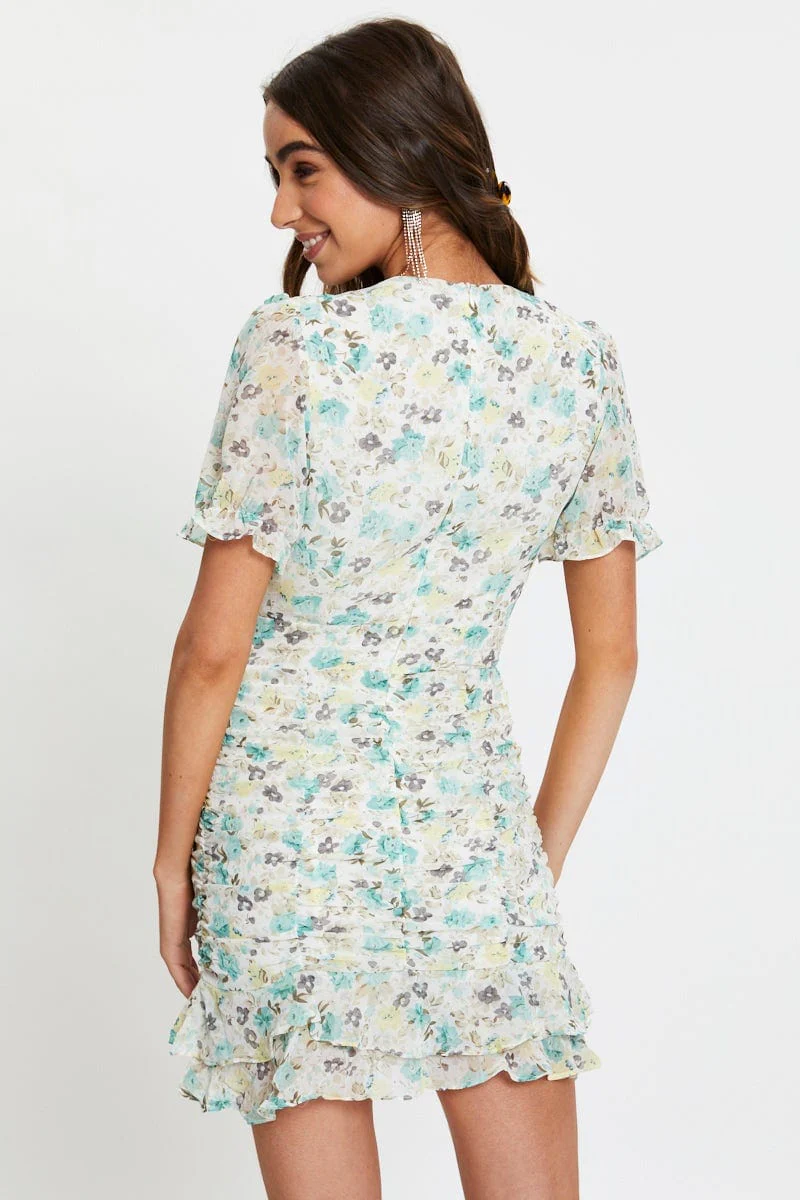 Print Puff Sleeve Ruched Dress - Image 5