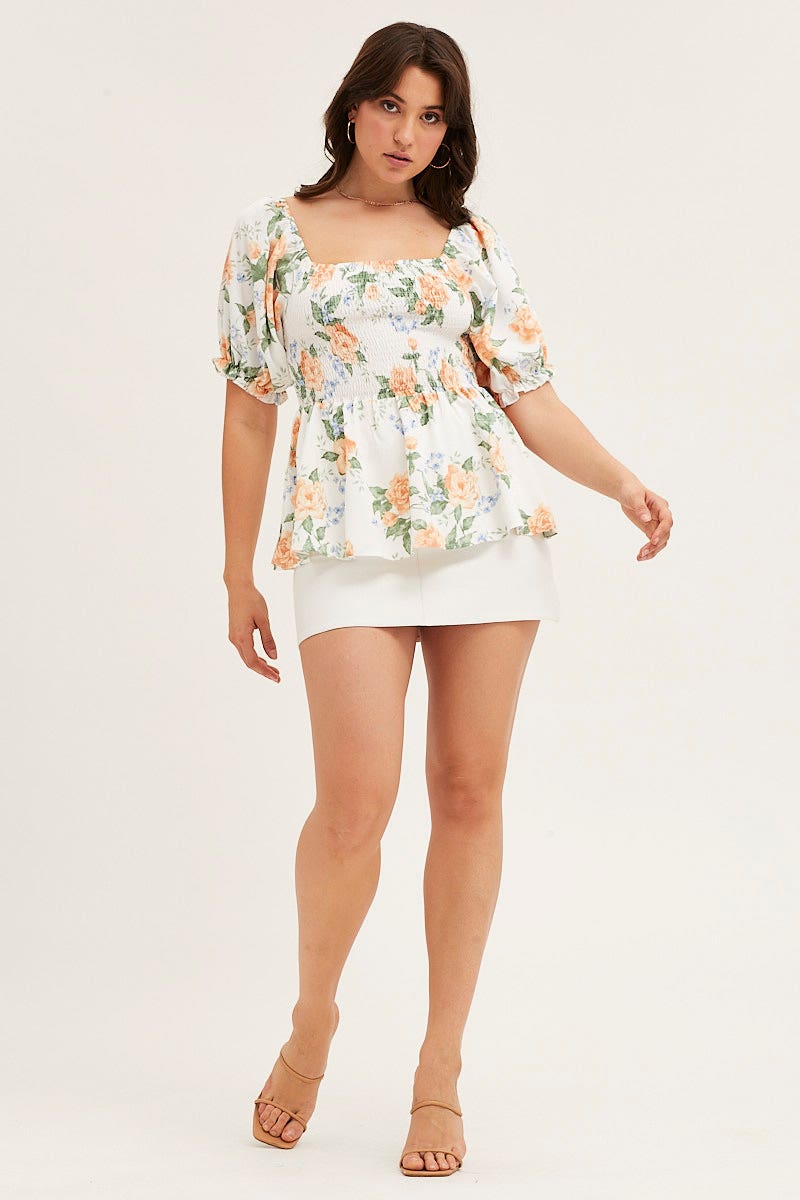 Print Puff Sleeve Shirred Top - Image 2
