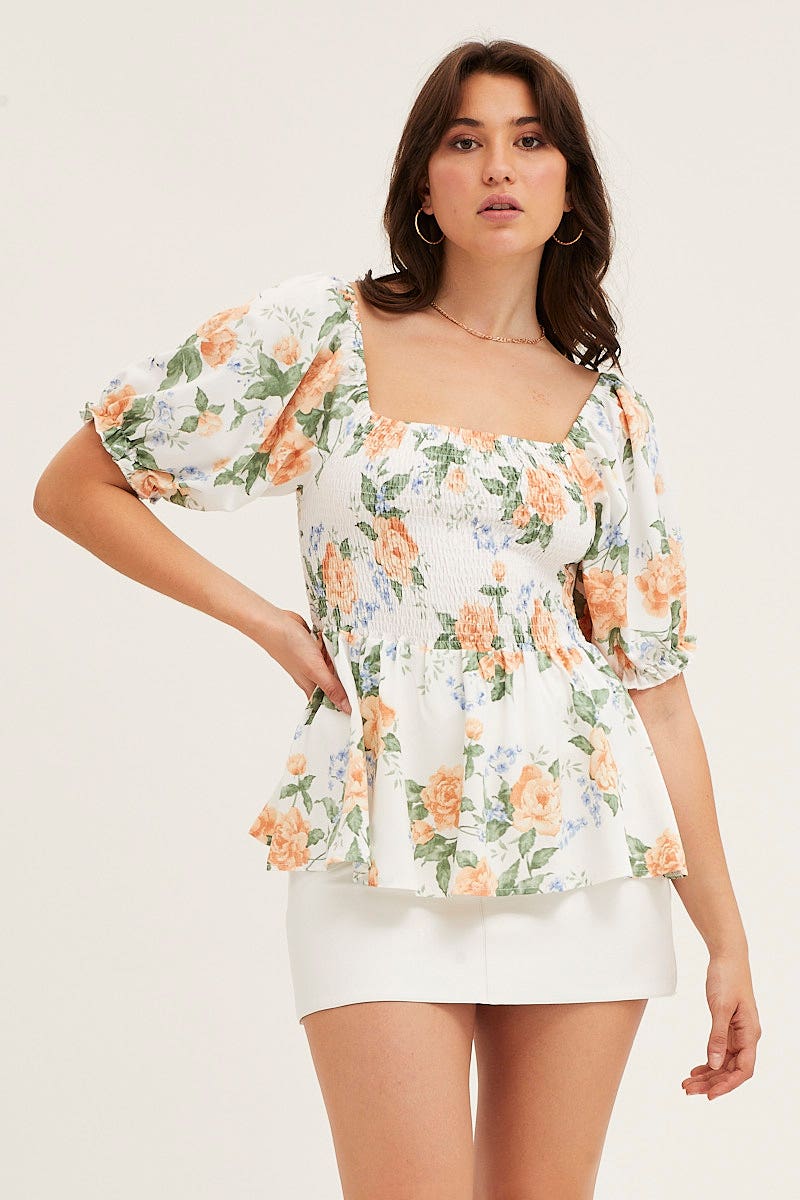 Print Puff Sleeve Shirred Top - Image 3