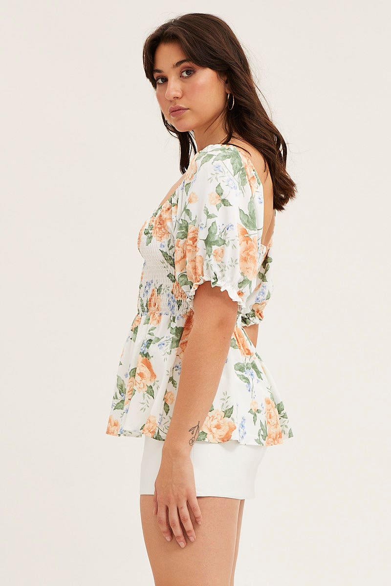 Print Puff Sleeve Shirred Top - Image 4