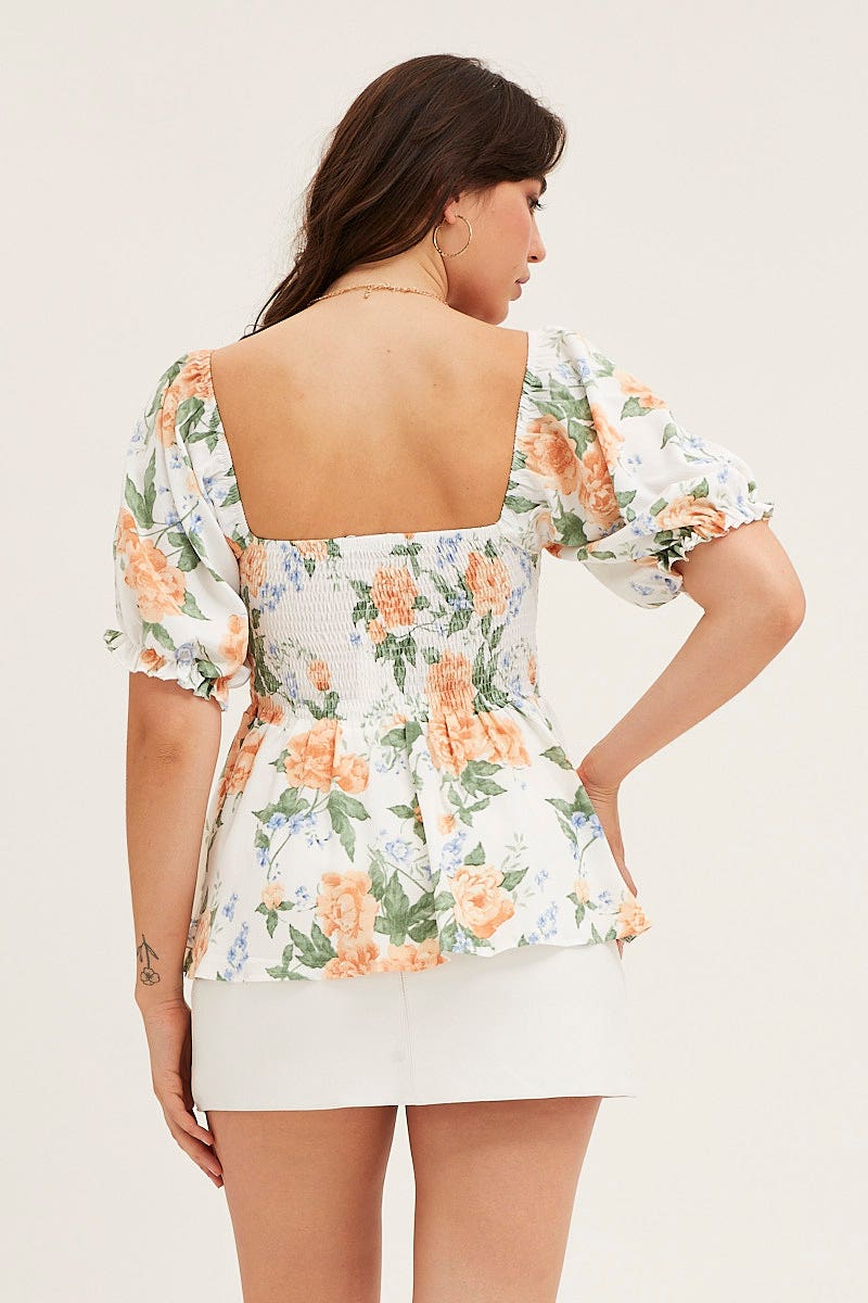 Print Puff Sleeve Shirred Top - Image 5