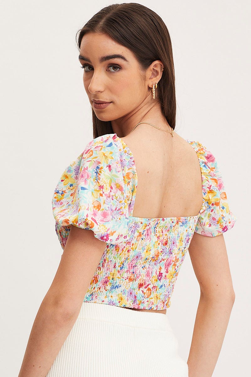 Print Puff Sleeve Top Short Sleeve Crop - Image 2