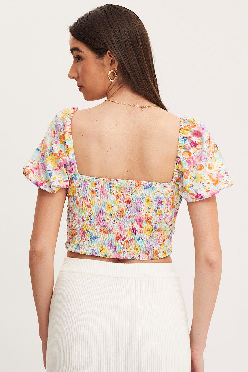 Print Puff Sleeve Top Short Sleeve Crop - Image 5