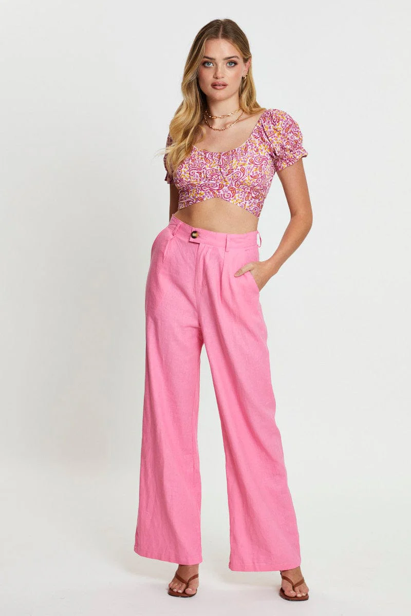 Print Puff Sleeve Top Short Sleeve Crop - Image 3