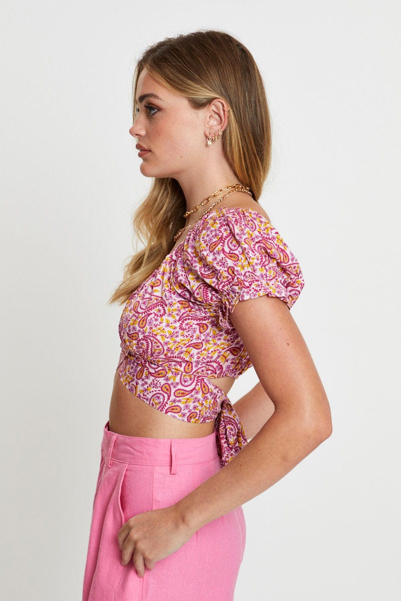 Print Puff Sleeve Top Short Sleeve Crop - Image 4