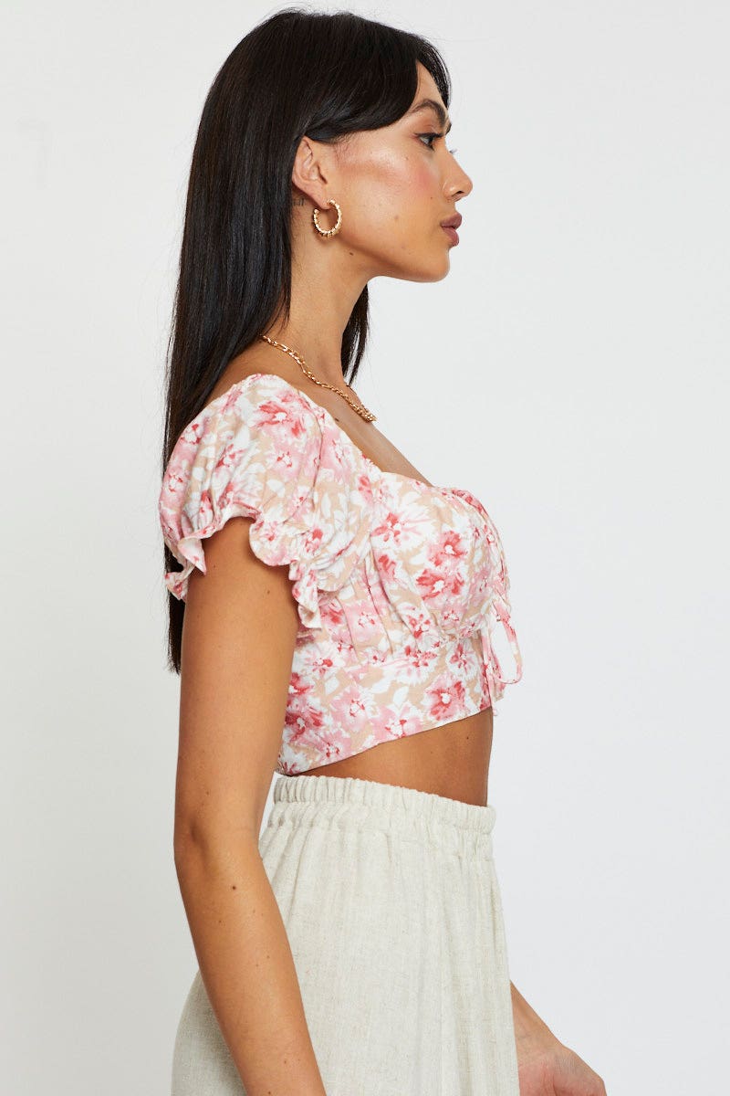 Print Puff Sleeve Top Short Sleeve Crop - Image 4