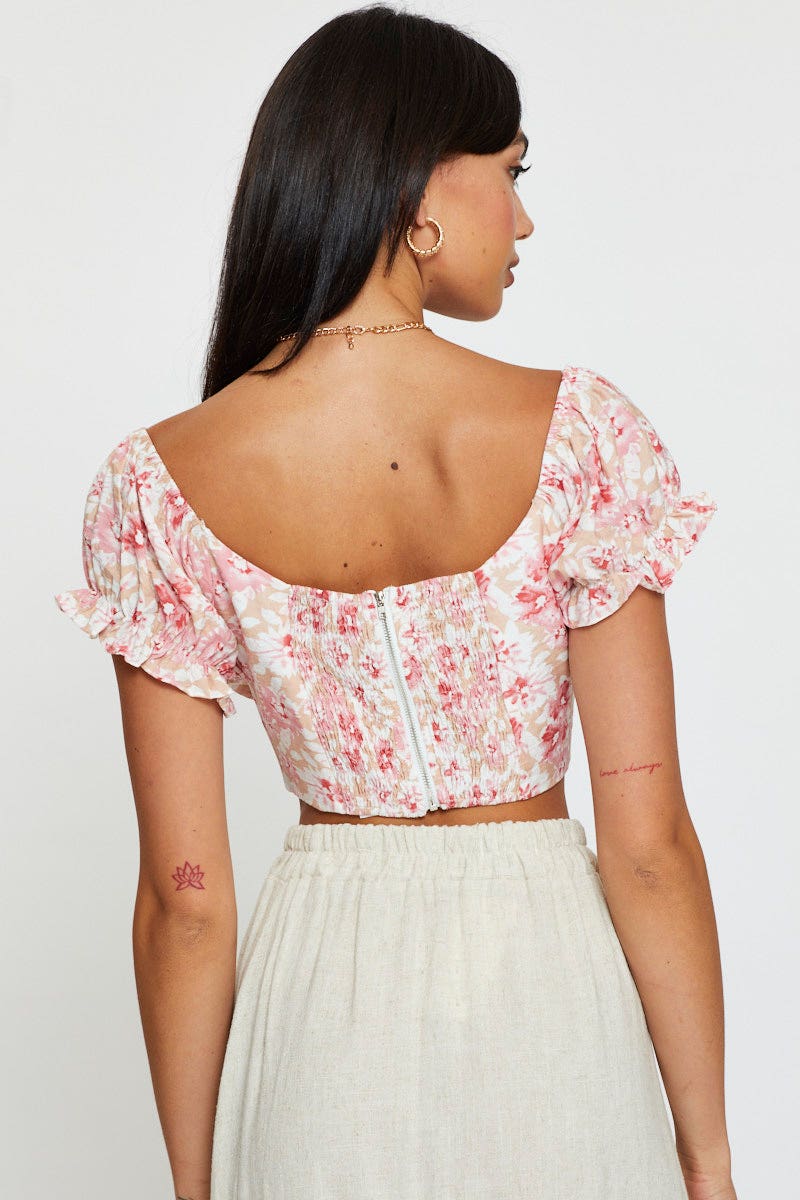 Print Puff Sleeve Top Short Sleeve Crop - Image 5
