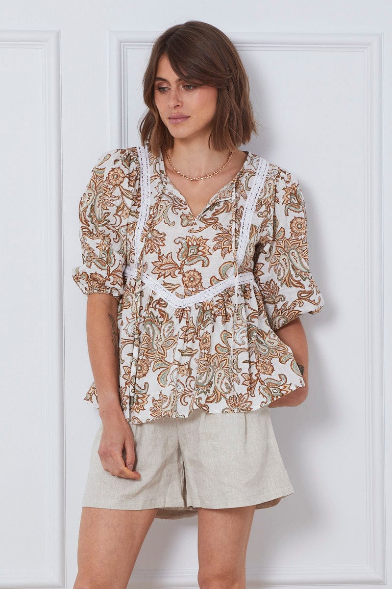 Print Relaxed Top Short Sleeve Oversized Square Neck - Image 3