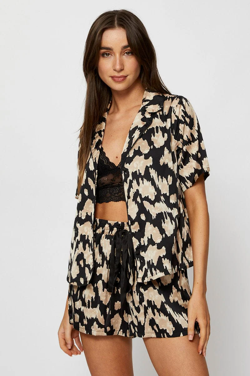 Print Satin Pajamas Set Short Sleeve - Image 3