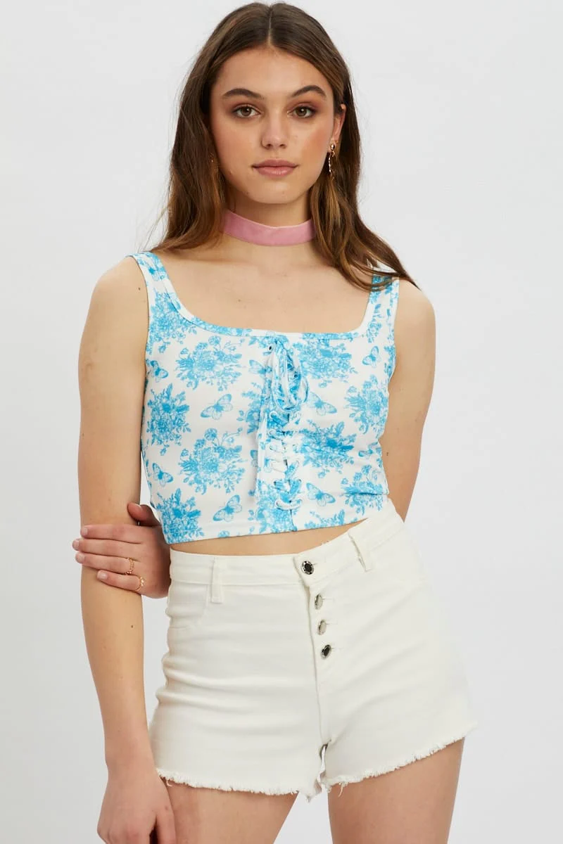 Print Scoop Neck Lace Up Top - Image 4