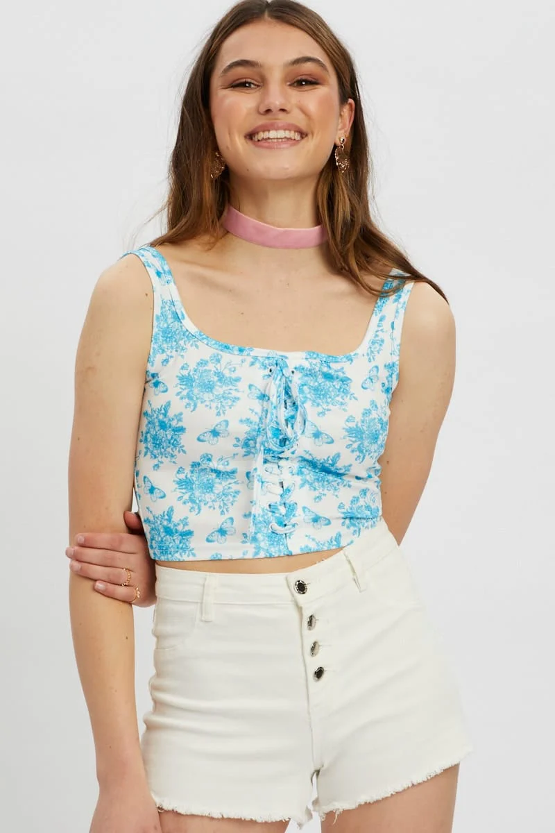 Print Scoop Neck Lace Up Top - Image 7