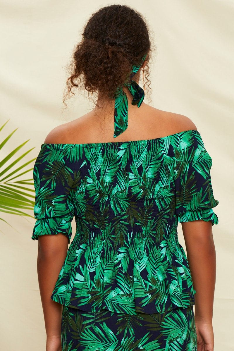 Print Short Sleeve Tropical Print Shirred Top - Image 4