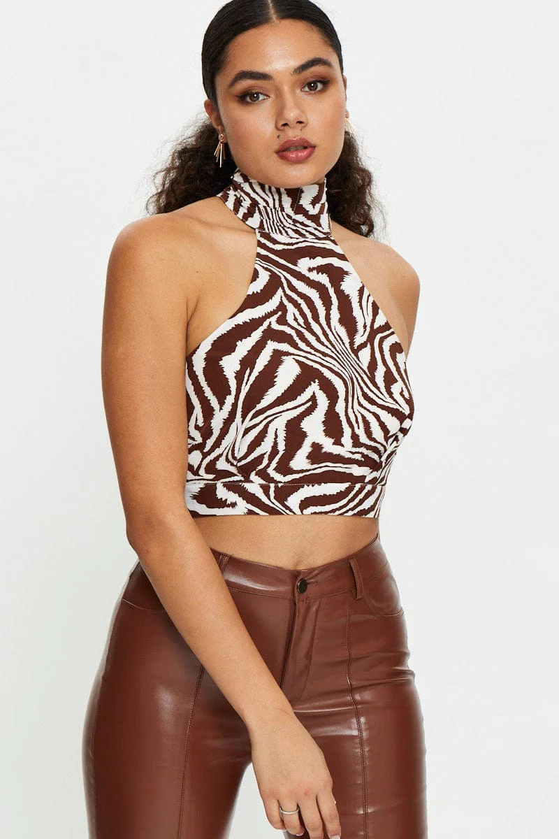 Print Sleeveless Zebra High Neck Crop Top - Image 2
