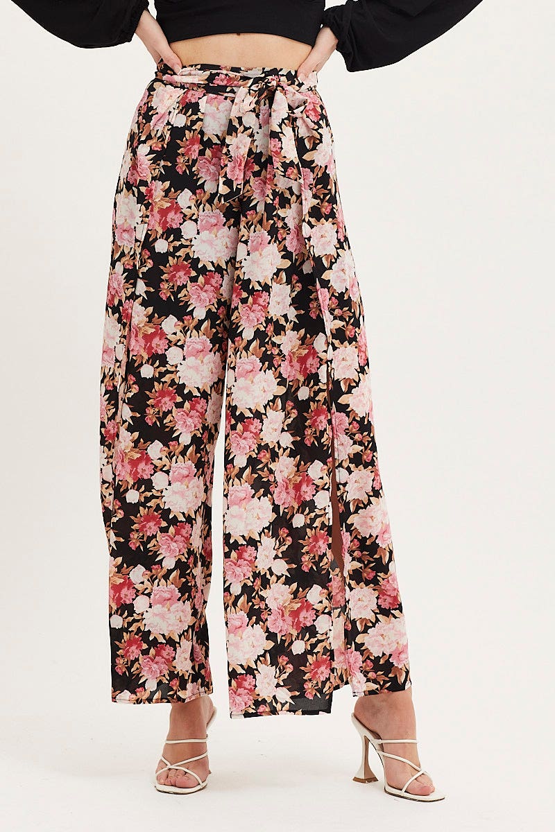 Print Wide Leg Pants High Rise Front Split - Image 2