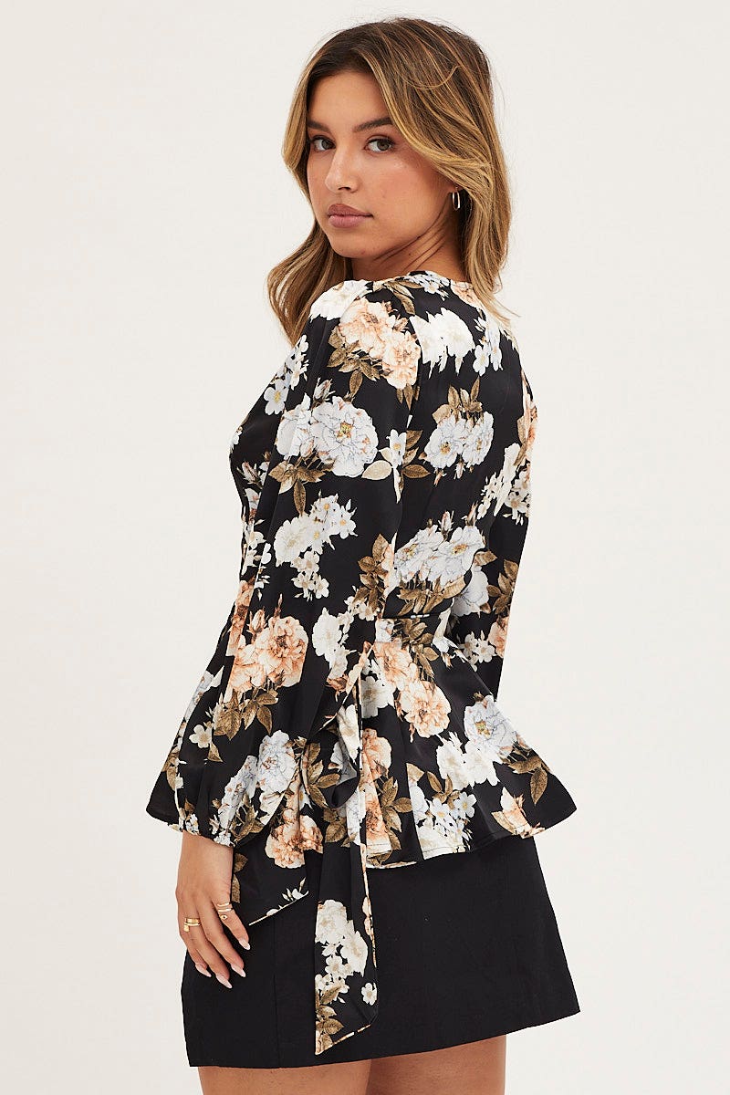 Print Wrap Top Long Sleeve Satin - Image 5