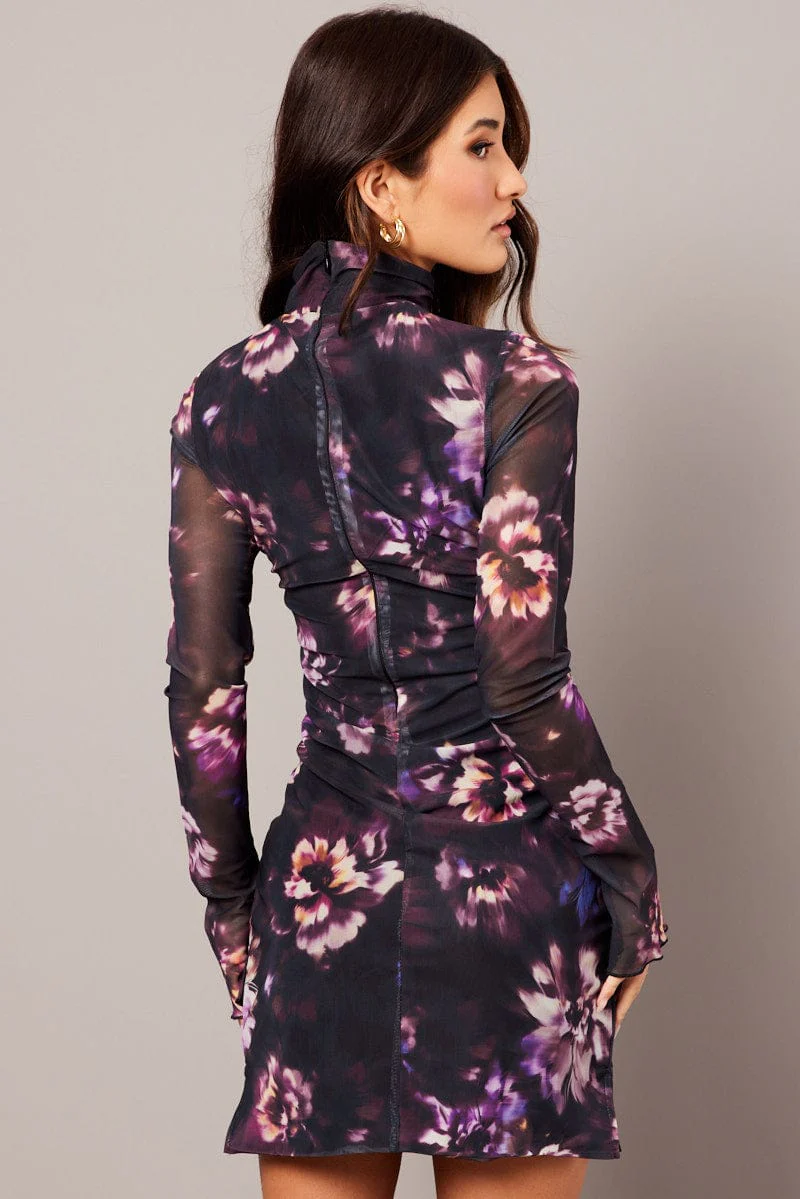Purple Abstract Bodycon Dress High Neck Mini Long Sleeve - Image 5