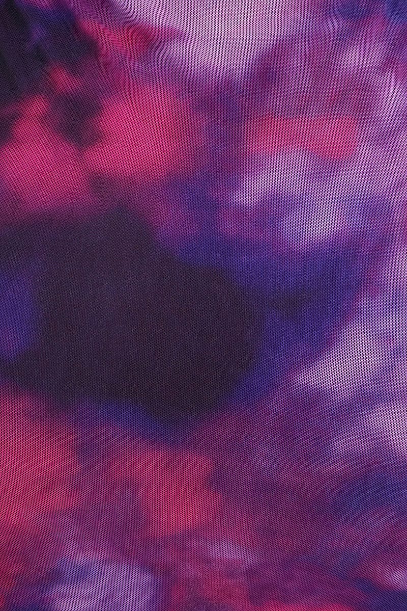 Purple Abstract Mini Dress Long Sleeve Off Shoulder Frill Mesh - Image 7
