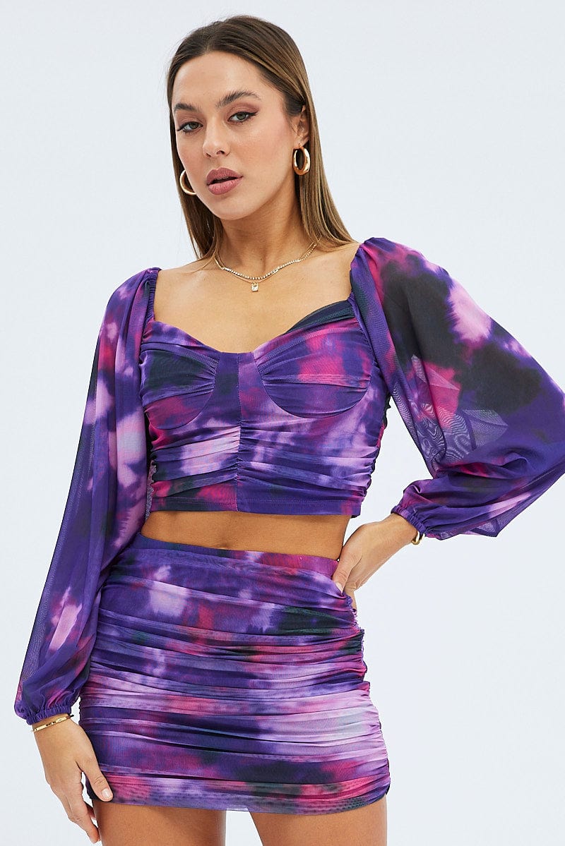 Purple Abstract Top Long Sleeve Abstract Print Mesh - Image 3