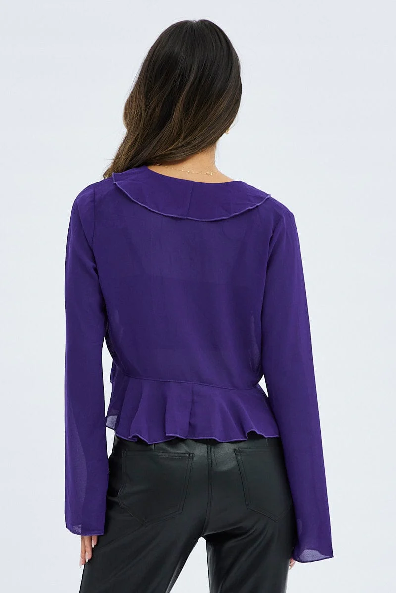 Purple Bolero Long Sleeve V Neck Ruffle Details Chiffon - Image 6