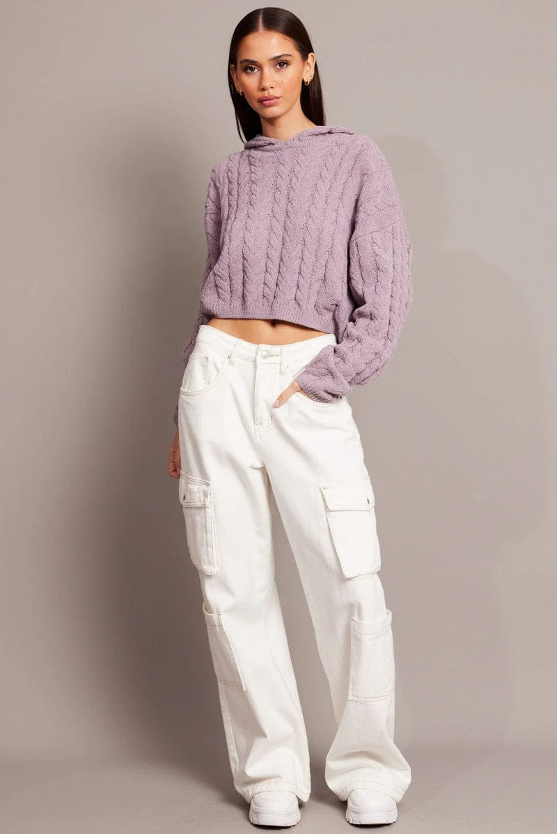 Purple Cable Knit Top Long Sleeve Hoodie - Image 2