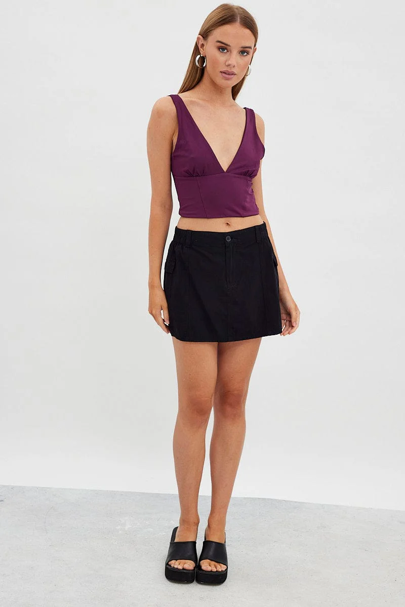 Purple Corset Detail Top Sleeveless Crop Slinky Jersey - Image 2