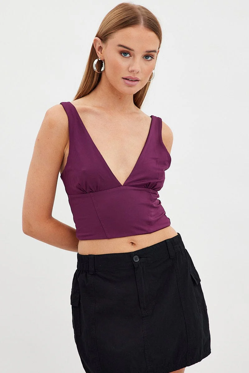 Purple Corset Detail Top Sleeveless Crop Slinky Jersey - Image 3