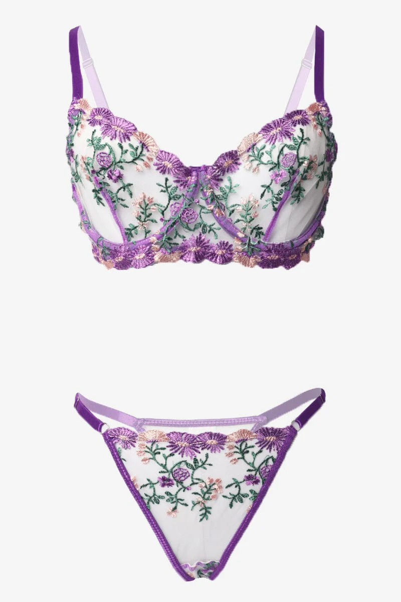 Purple Embroidery Lingerie Set