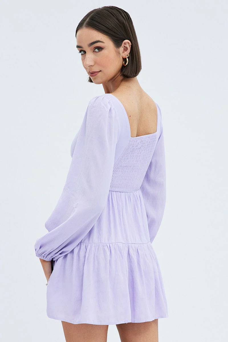 Purple Fit And Flare Dress Long Sleeve Mini - Image 5