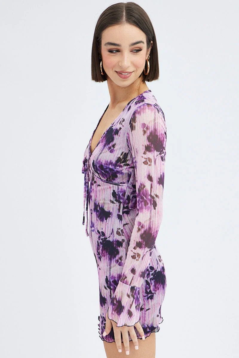 Purple Floral Mesh Dress Long Sleeve Mini - Image 4