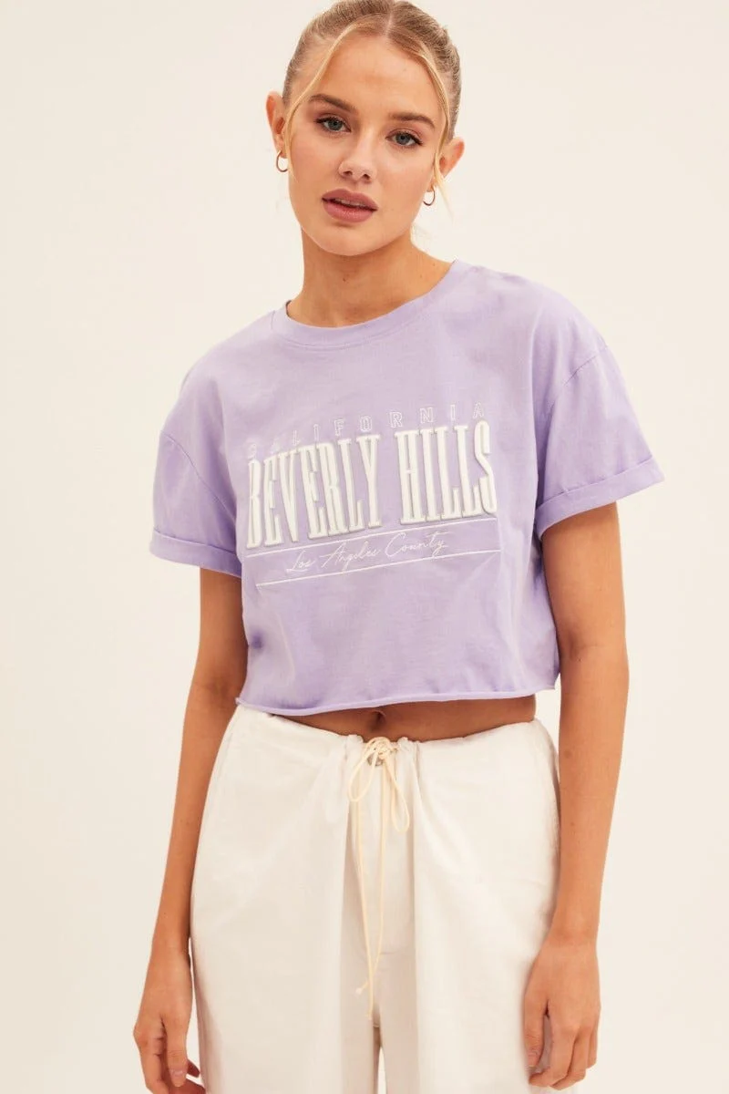 Purple Graphic T-Shirt Short Sleeve Round Neck Crop - Image 3