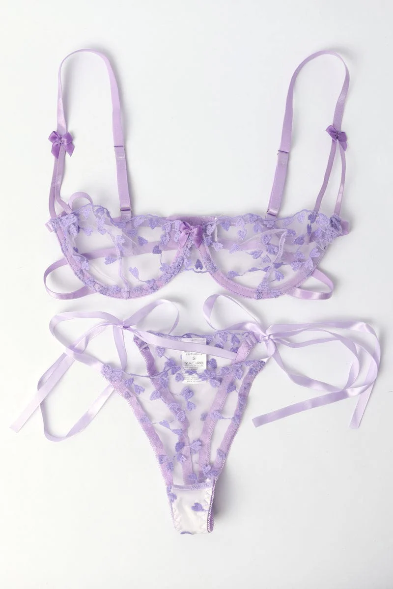 Purple Heart Embroidery Lingerie Set